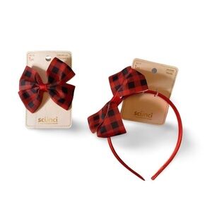 NWT Scunci Set of 2 Headband & Clip Buffalo Plaid Red & Black BRAND NEW